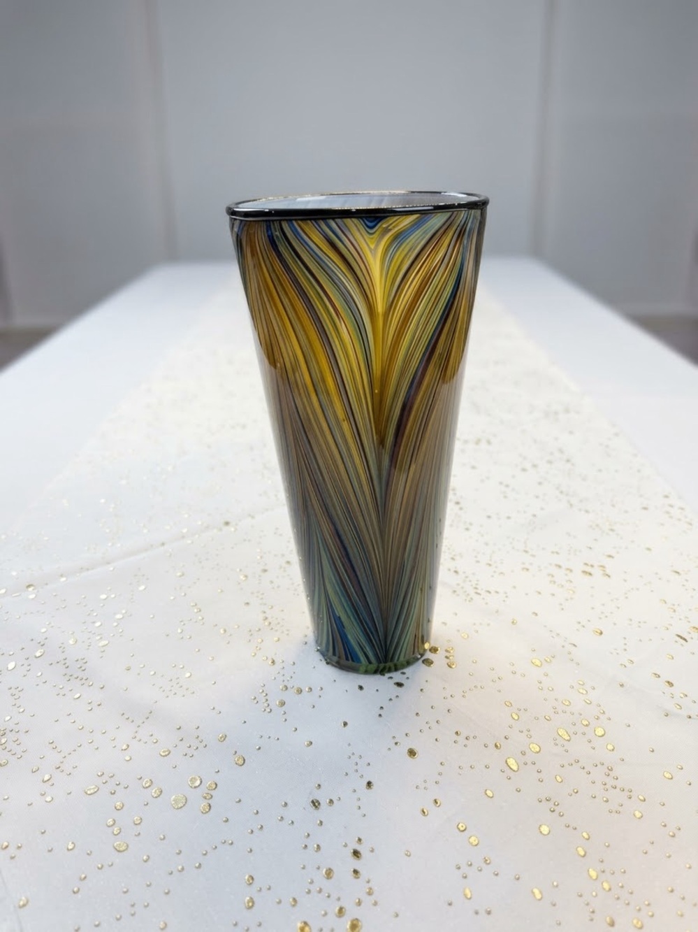 Marbled Yellow and Blue Glass Art Vase